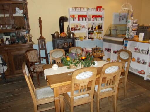 A café table with decorative items.