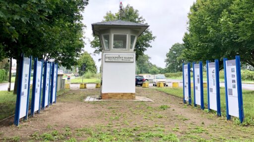 Exhibition boards on the Boizenburg subcamp and the former inner-German border surround the former KP-Vier checkpoint in the former GDR restricted area at the entrance to Boizenburg.