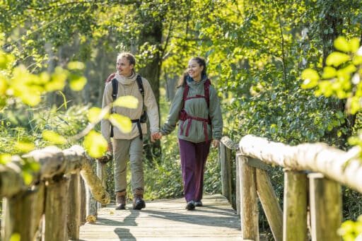 A couple walks hand in hand across a wooden bridge.