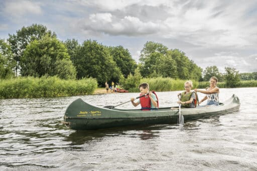 Three people paddling in a canoe on a body of water.