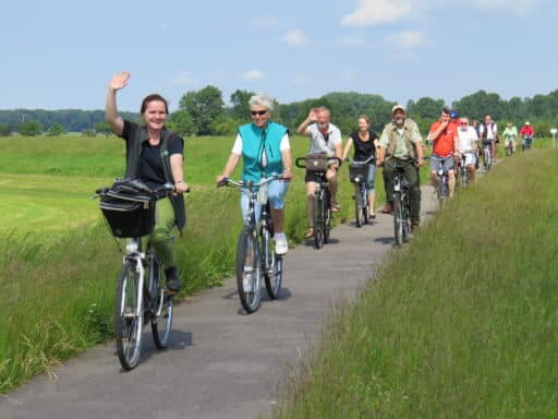 A group of cyclists follows certified nature and landscape guide Siegrun Hogelücht on the ElbeRadelTag.