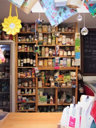 Shelf in the kiosk with a wide range of products