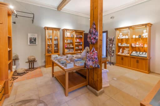 Blick in einen Verkaufsraum. In der Mitte ein Tisch mit Büchern. An den Wänden stehen Regale mit Souvenirs.