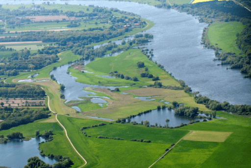 Aerial view of the Elbe during a flood.