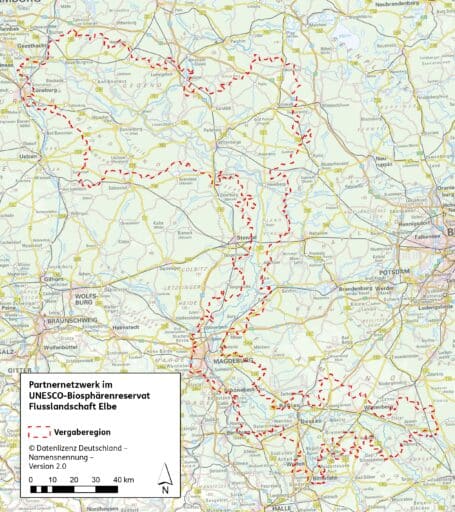Karte der Vergaberegion für das UNESCO-Biosphärenreservat Flusslandschaft Elbe