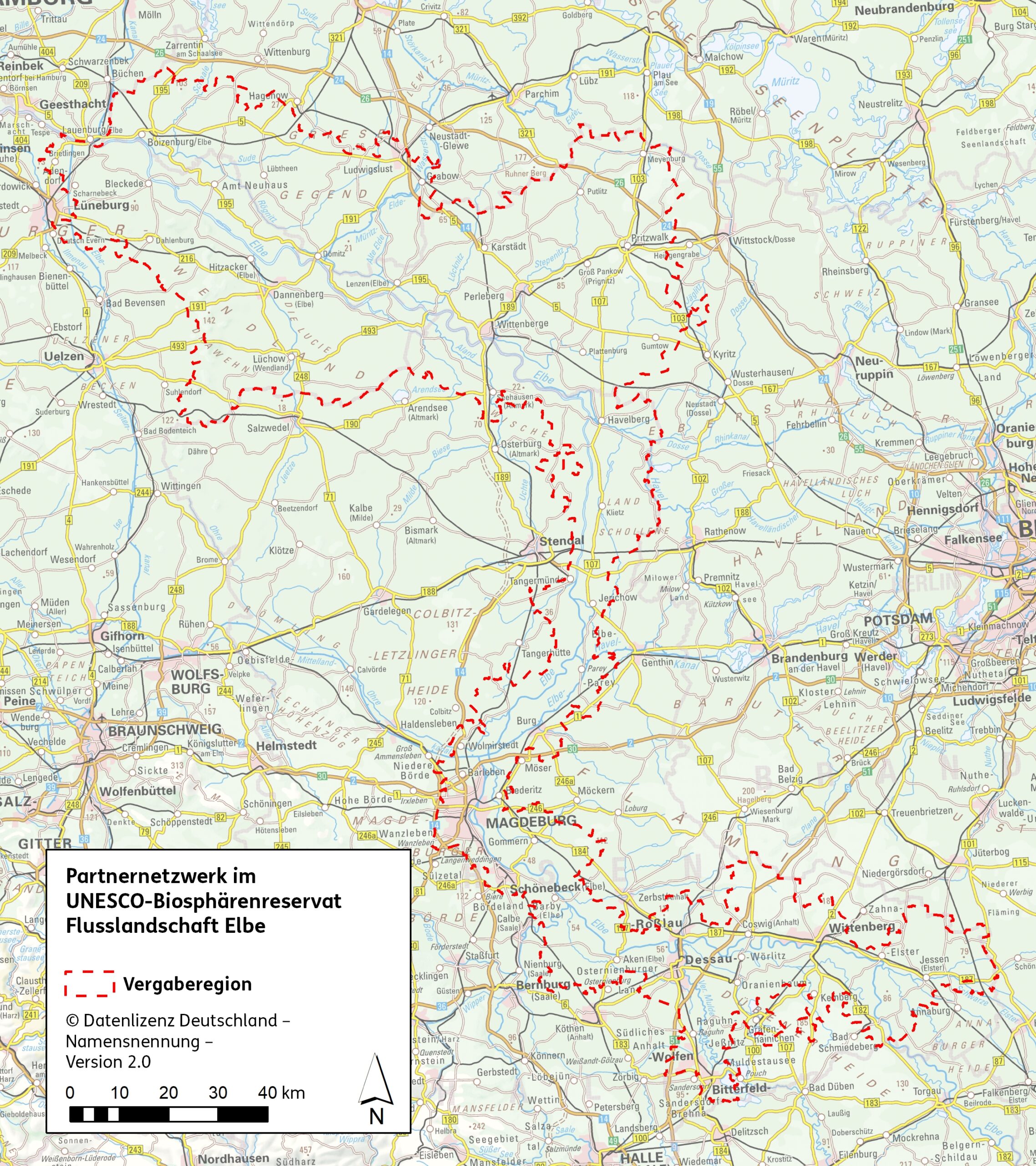 Karte der Vergaberegion für das UNESCO-Biosphärenreservat Flusslandschaft Elbe