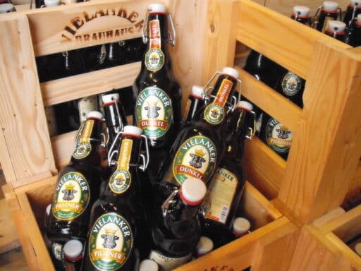 Several beer bottles in a crate